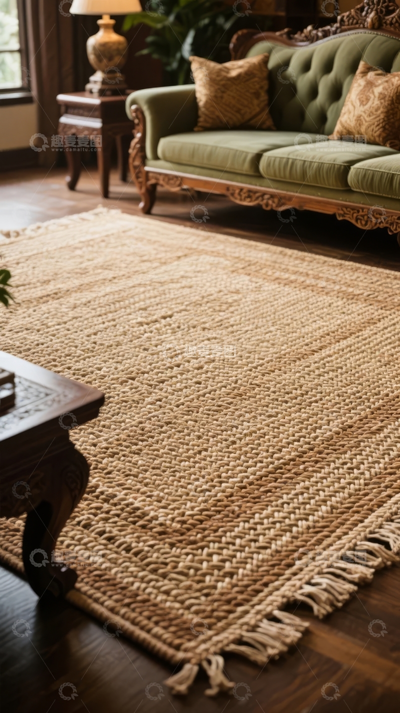 高清大图下载【趣麦麦图】客厅中摆放着绿色沙发和编织地毯的温馨场景