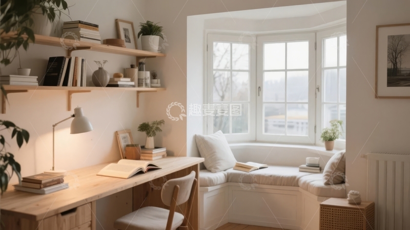高清大图下载【趣麦麦图】明亮温馨的室内角落设有书桌和窗边休息区