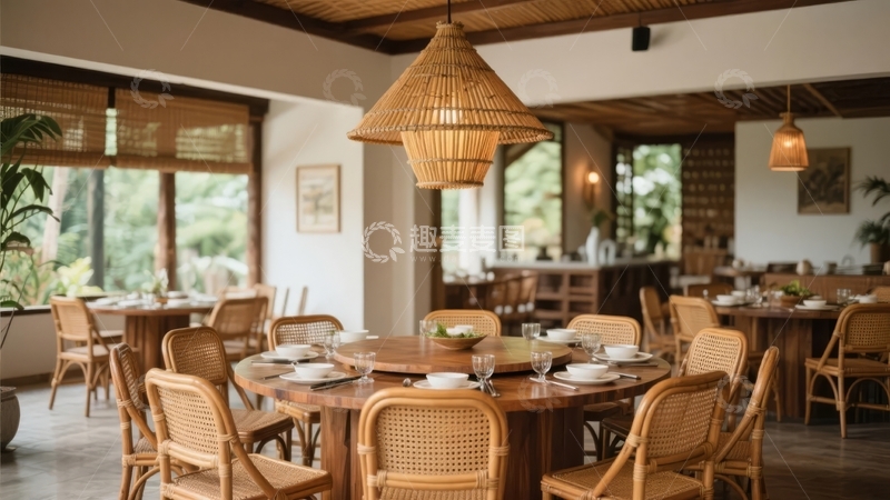 高清大图下载【趣麦麦图】温馨餐厅内摆放着木质桌椅和编织吊灯