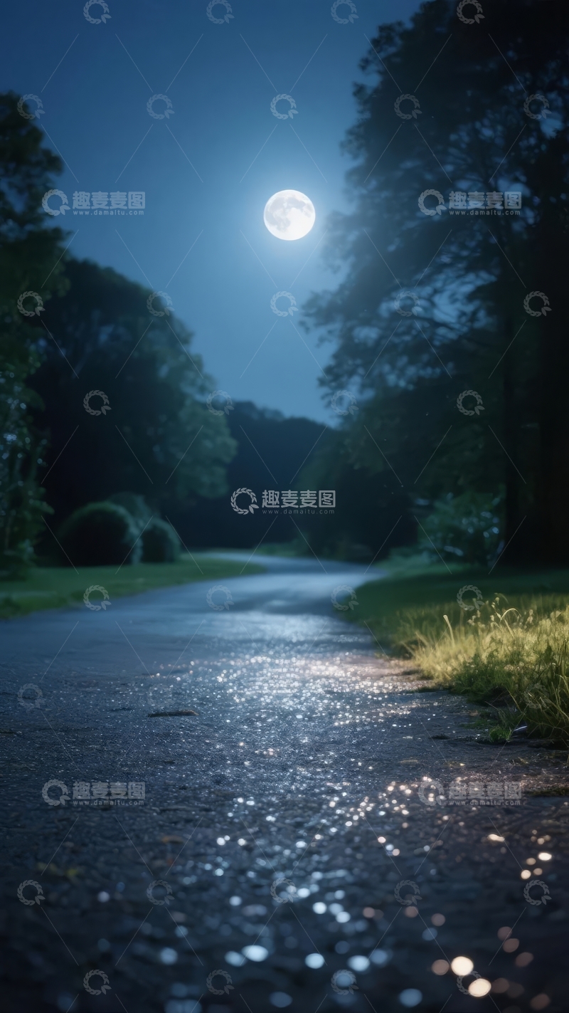 高清大图下载【趣麦麦图】月光下的林间小路夜晚宁静而美丽