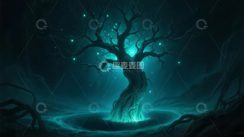 高清大图下载【趣麦麦图】幽蓝光芒中扭曲古树与神秘水潭的奇幻夜景
