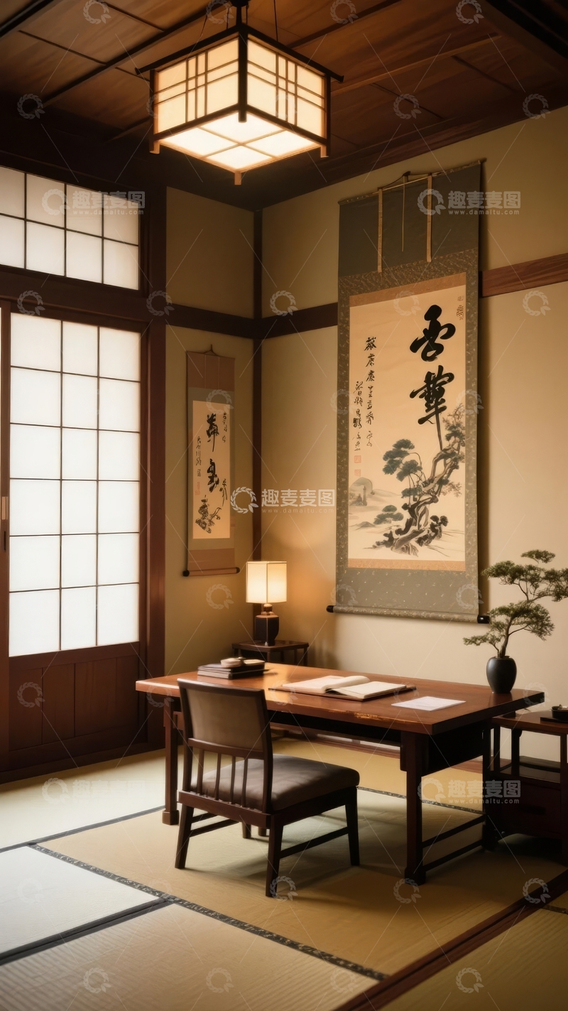 高清大图下载【趣麦麦图】日式传统书房内景装饰典雅氛围宁静