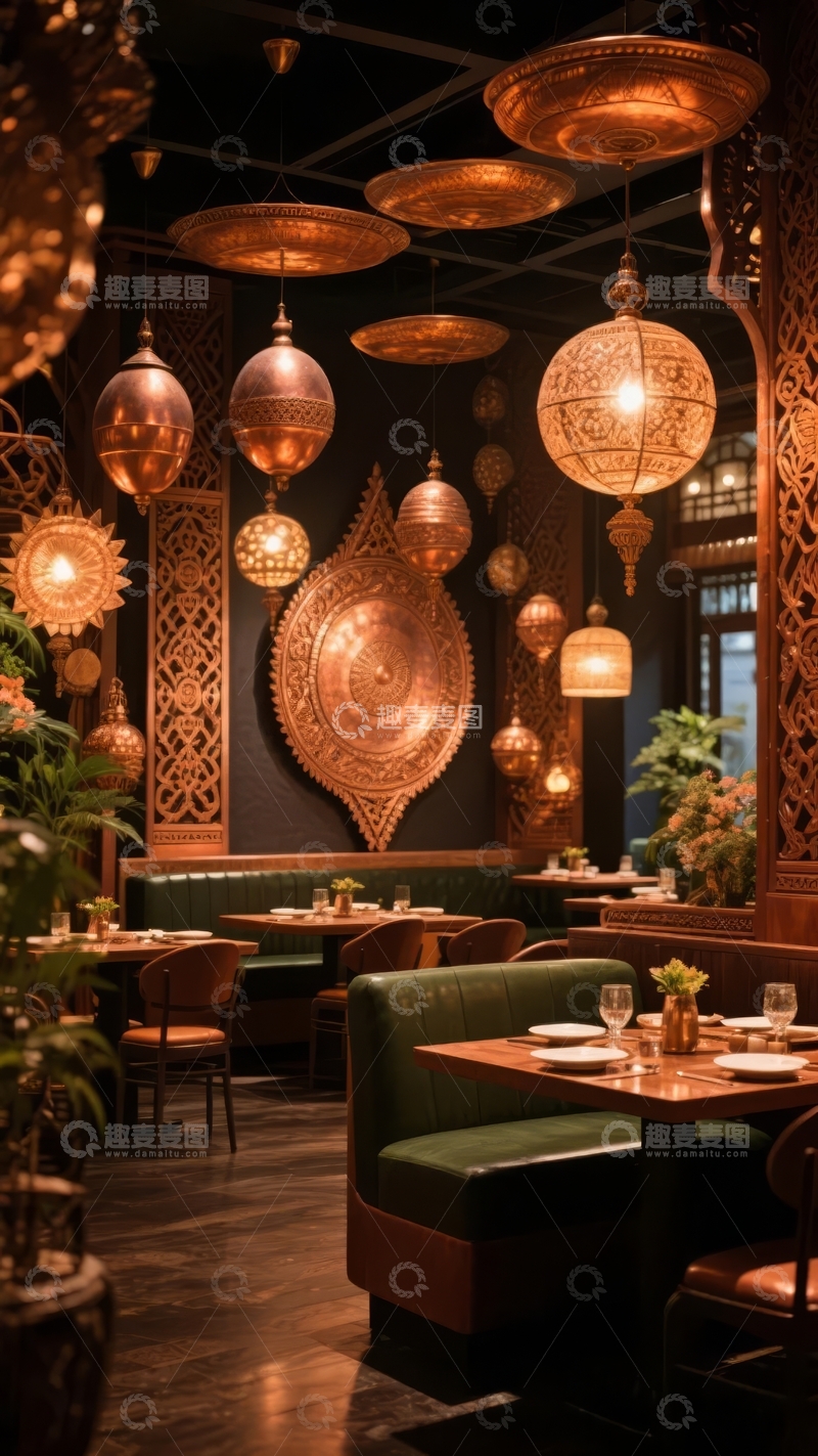 高清大图下载【趣麦麦图】装饰华丽的餐厅内部悬挂着金色吊灯和装饰品