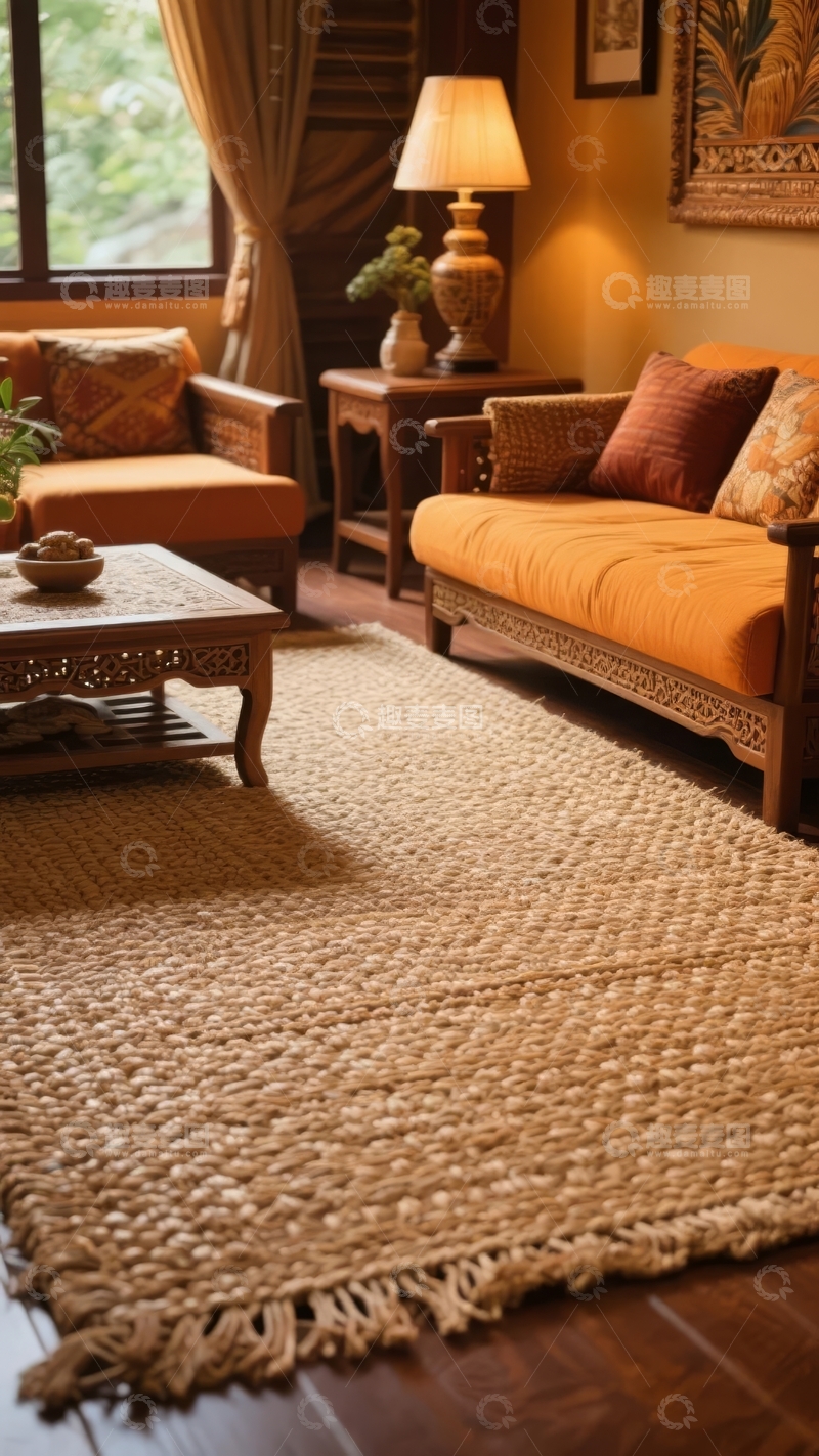 高清大图下载【趣麦麦图】温馨客厅布置橙色沙发地毯与木质家具
