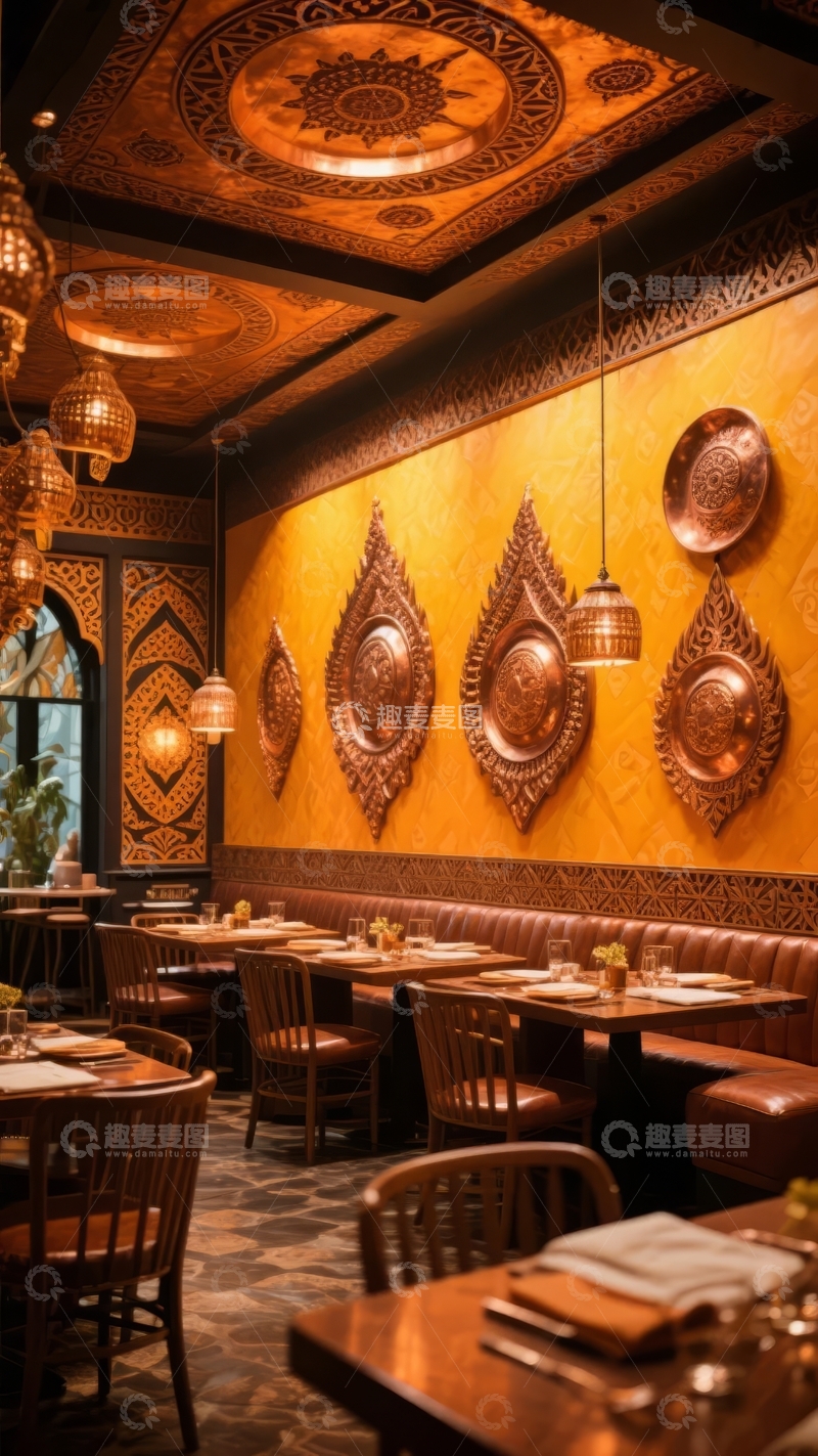 高清大图下载【趣麦麦图】装饰华丽的餐厅内部金色墙面与精美吊灯
