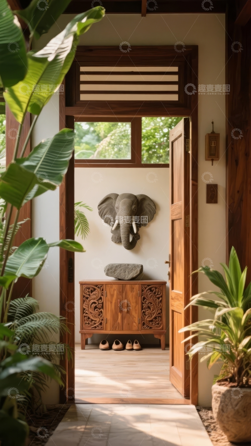 高清大图下载【趣麦麦图】热带风格入口装饰有大象头骨和木质家具