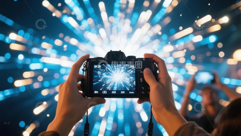 高清大图下载【趣麦麦图】双手持相机拍摄炫彩光束与人群