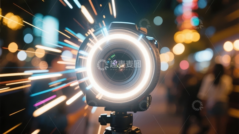 高清大图下载【趣麦麦图】夜间街头摄影相机特写环形灯照亮镜头