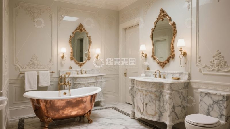 高清大图下载【趣麦麦图】豪华古典风格浴室配备铜制浴缸和华丽装饰