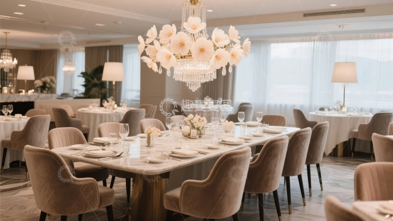 高清大图下载【趣麦麦图】-豪华餐厅内景布置精美餐桌椅灯光璀璨