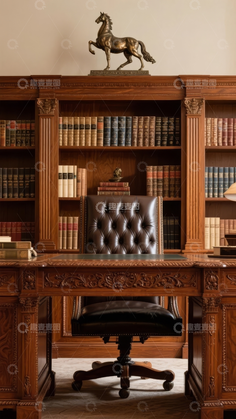 高清大图下载【趣麦麦图】古典书房内摆放着书架、皮椅和马雕像