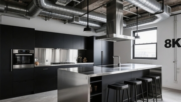 现代工业风厨房设计展示开放式岛台与裸露管道