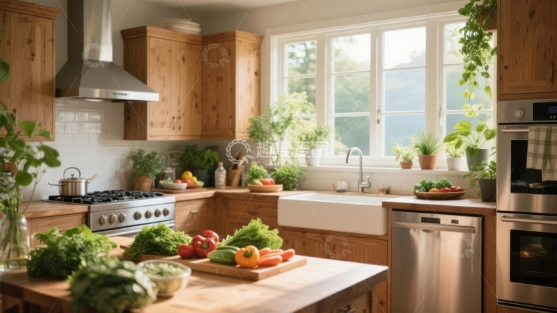 高清大图下载【趣麦麦图】明亮厨房内摆放着新鲜蔬菜和绿植