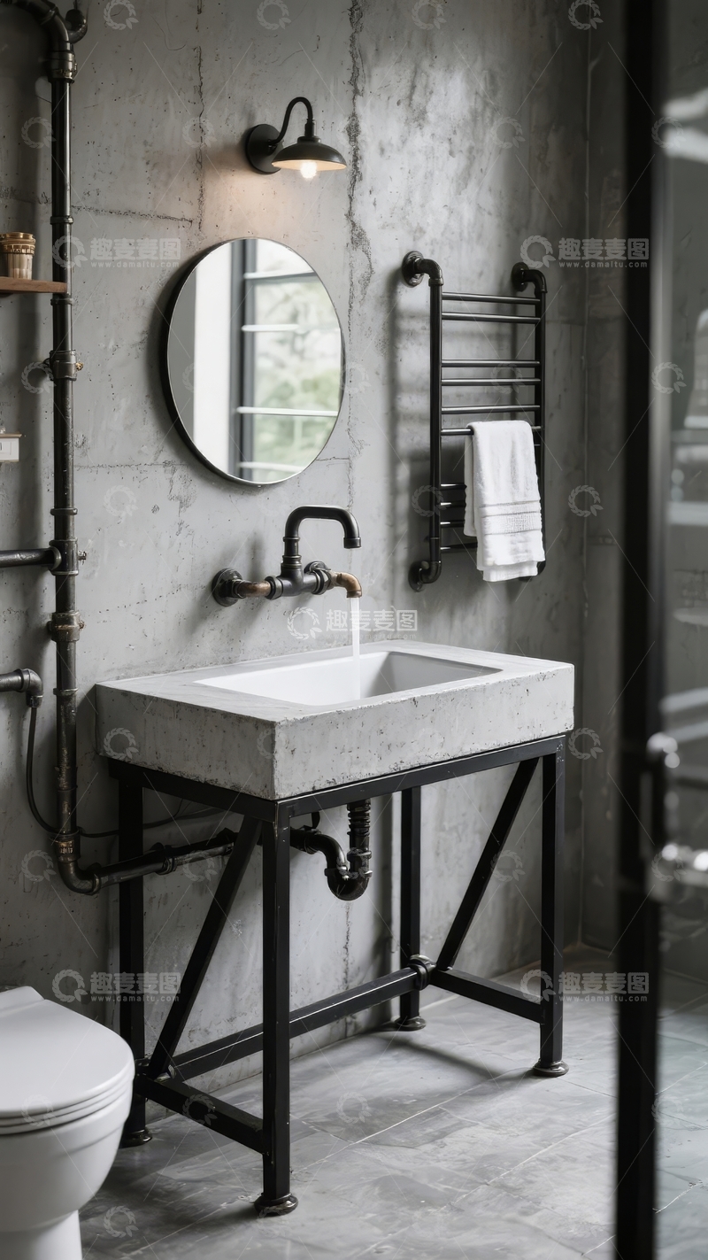 高清大图下载【趣麦麦图】工业风浴室设计墙面灰色管道镜框毛巾架