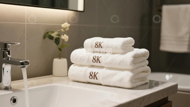 高清大图下载【趣麦麦图】浴室台面上摆放着印有'8K'字样的白色毛巾