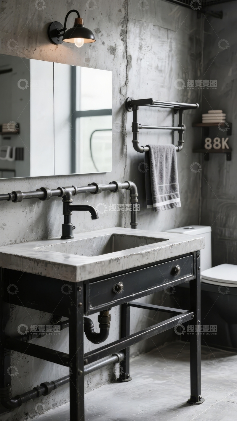 高清大图下载【趣麦麦图】工业风浴室设计墙面裸露管道洗手台