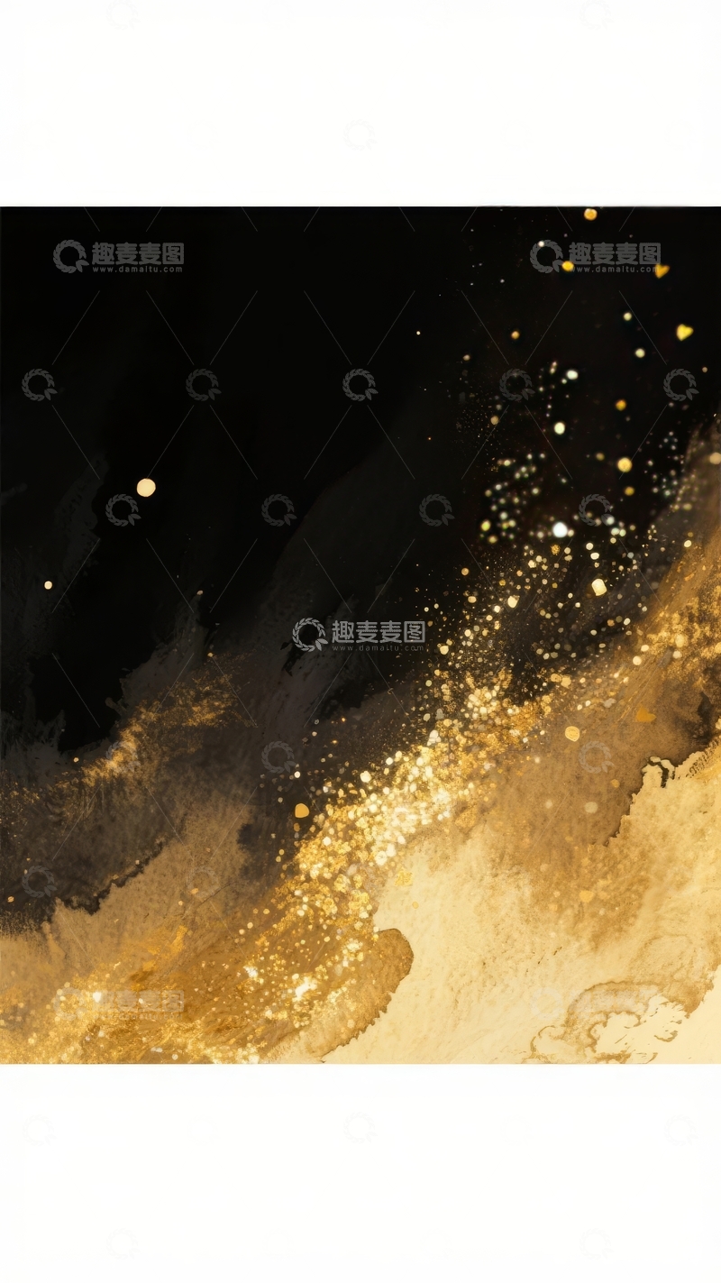 高清大图下载【趣麦麦图】黑色背景上金色光点与流动光影交织的抽象艺术画面