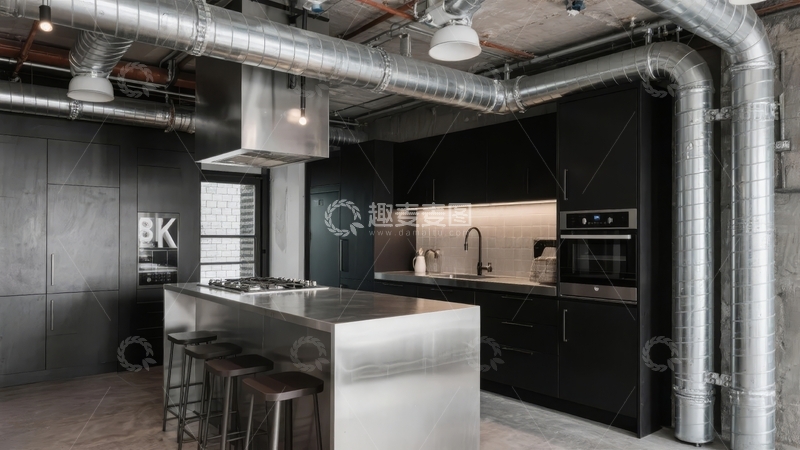 高清大图下载【趣麦麦图】现代工业风厨房设计展示金属管道与黑色橱柜