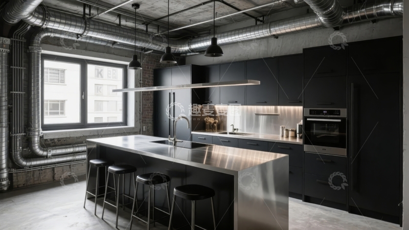 高清大图下载【趣麦麦图】现代工业风厨房设计带有开放式岛台和金属管道装饰