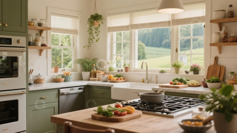 高清大图下载【趣麦麦图】明亮厨房内摆放着新鲜食材和绿植窗外是田园风光