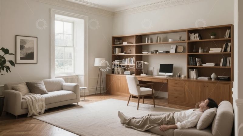 高清大图下载【趣麦麦图】室内客厅场景一人躺在沙发上休息