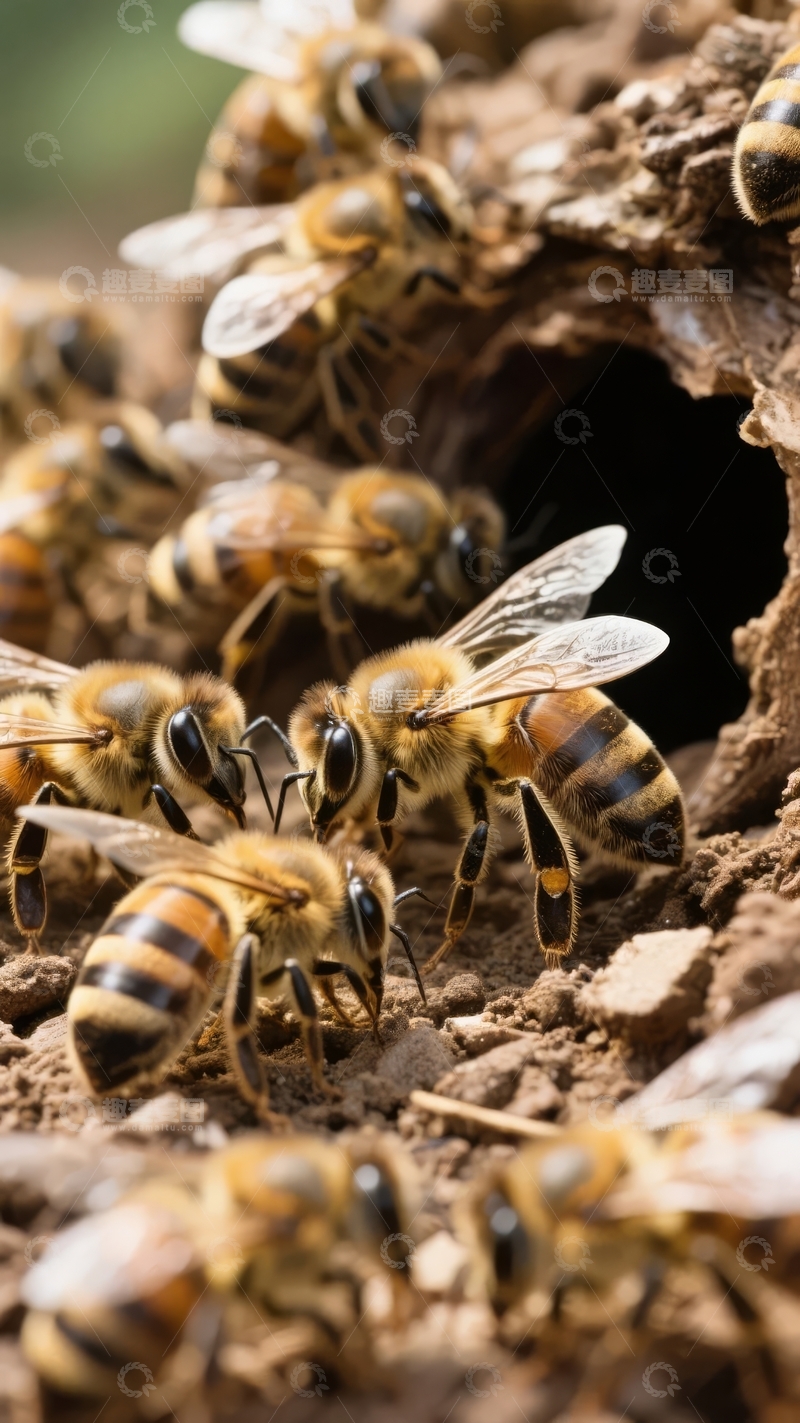 多只蜜蜂在蜂巢入口处活动