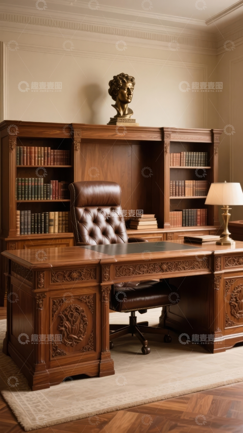 高清大图下载【趣麦麦图】古典风格书房内摆放着雕花书桌和书架