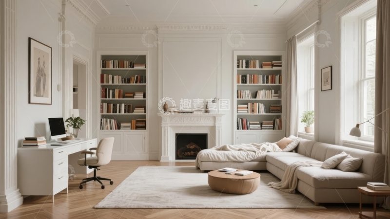 高清大图下载【趣麦麦图】现代简约风格客厅兼具书房功能