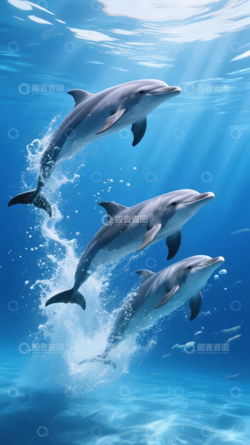 高清大图下载【趣麦麦图】三只海豚跃出水面在蓝色海洋中嬉戏