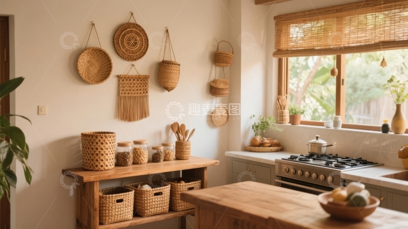 高清大图下载【趣麦麦图】温馨厨房角落展示编织篮与自然装饰
