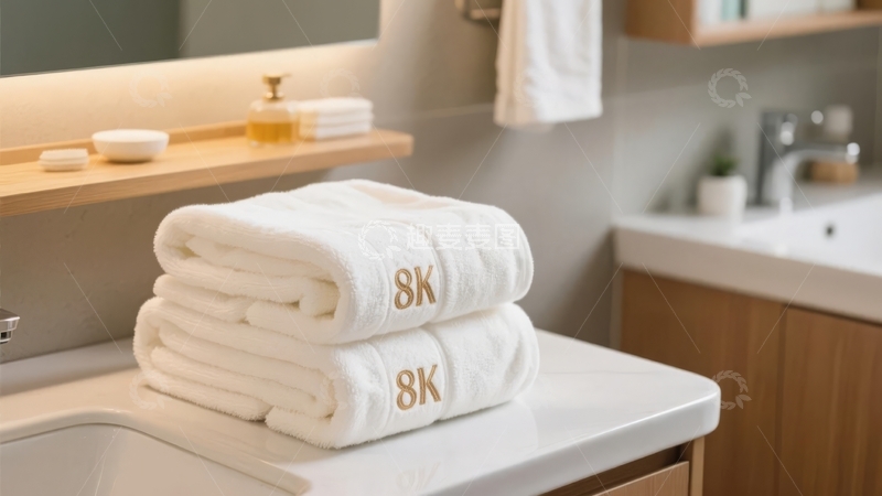高清大图下载【趣麦麦图】浴室台面上叠放的印有8K字样的白色毛巾