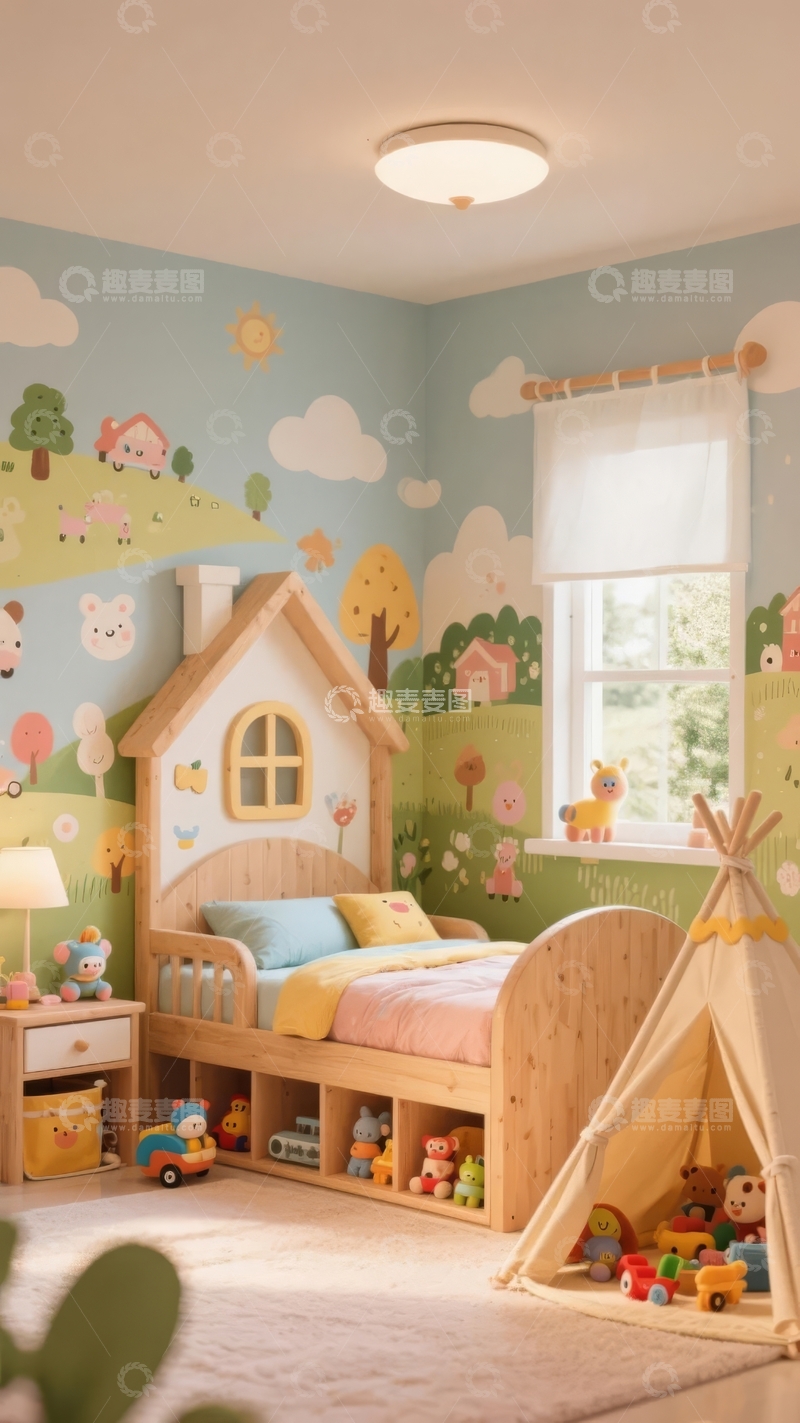 高清大图下载【趣麦麦图】儿童房内装饰有卡通壁画和帐篷玩具