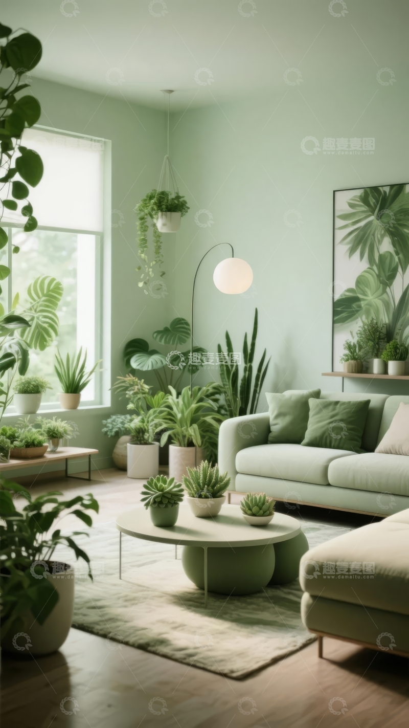 高清大图下载【趣麦麦图】绿色主题客厅装饰以植物和柔和色调营造宁静氛围