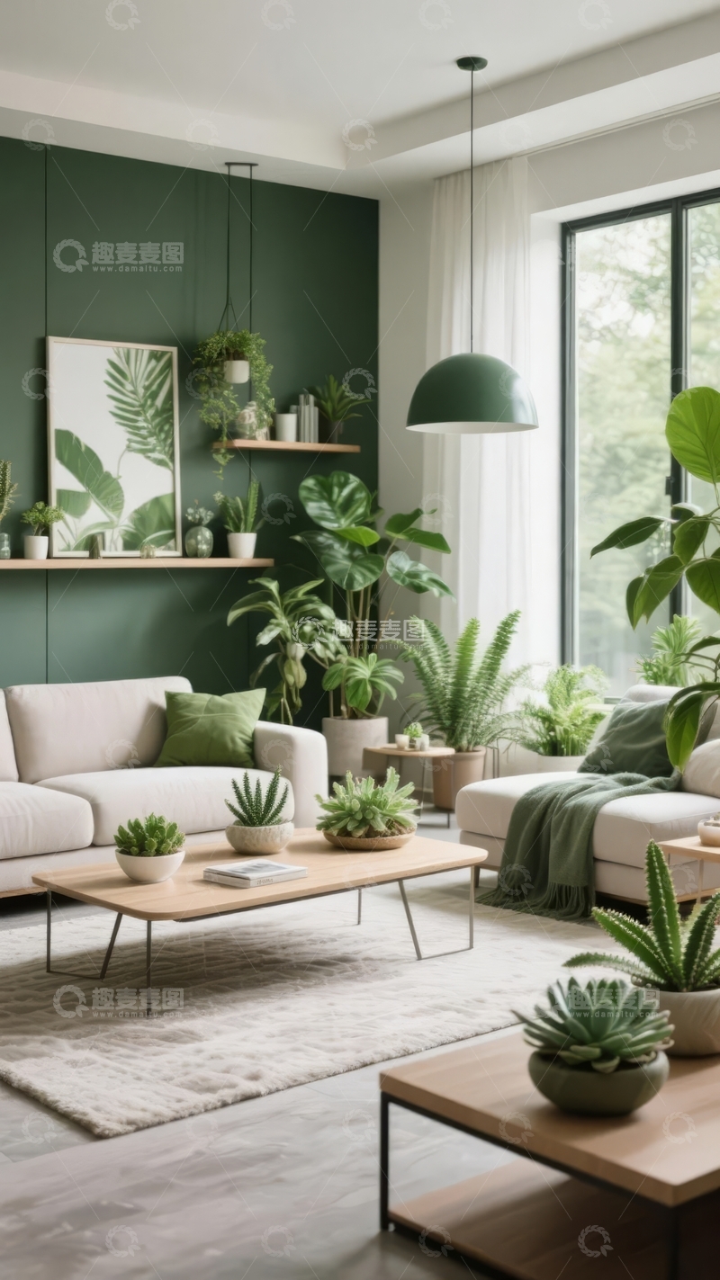 高清大图下载【趣麦麦图】绿色墙面的现代客厅装饰有大量绿植和简约家具