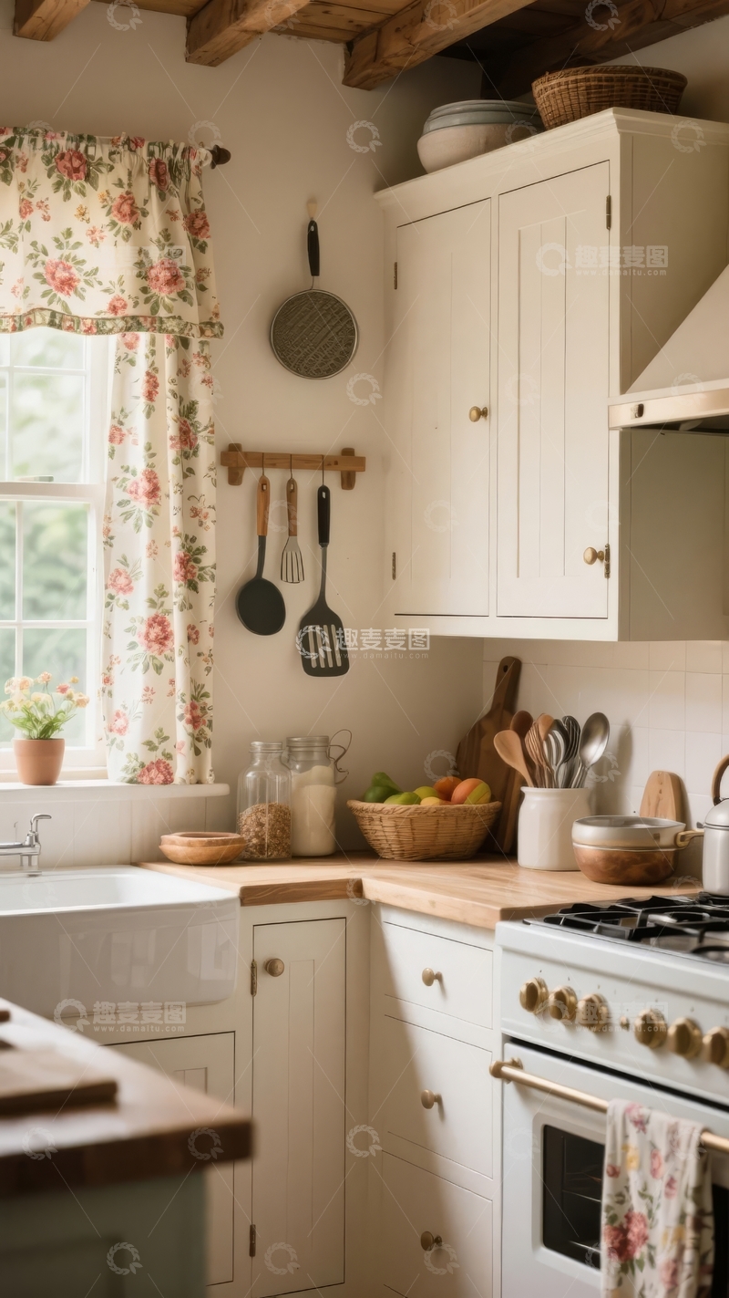 高清大图下载【趣麦麦图】温馨田园风格厨房角落展示木质橱柜与花卉窗帘