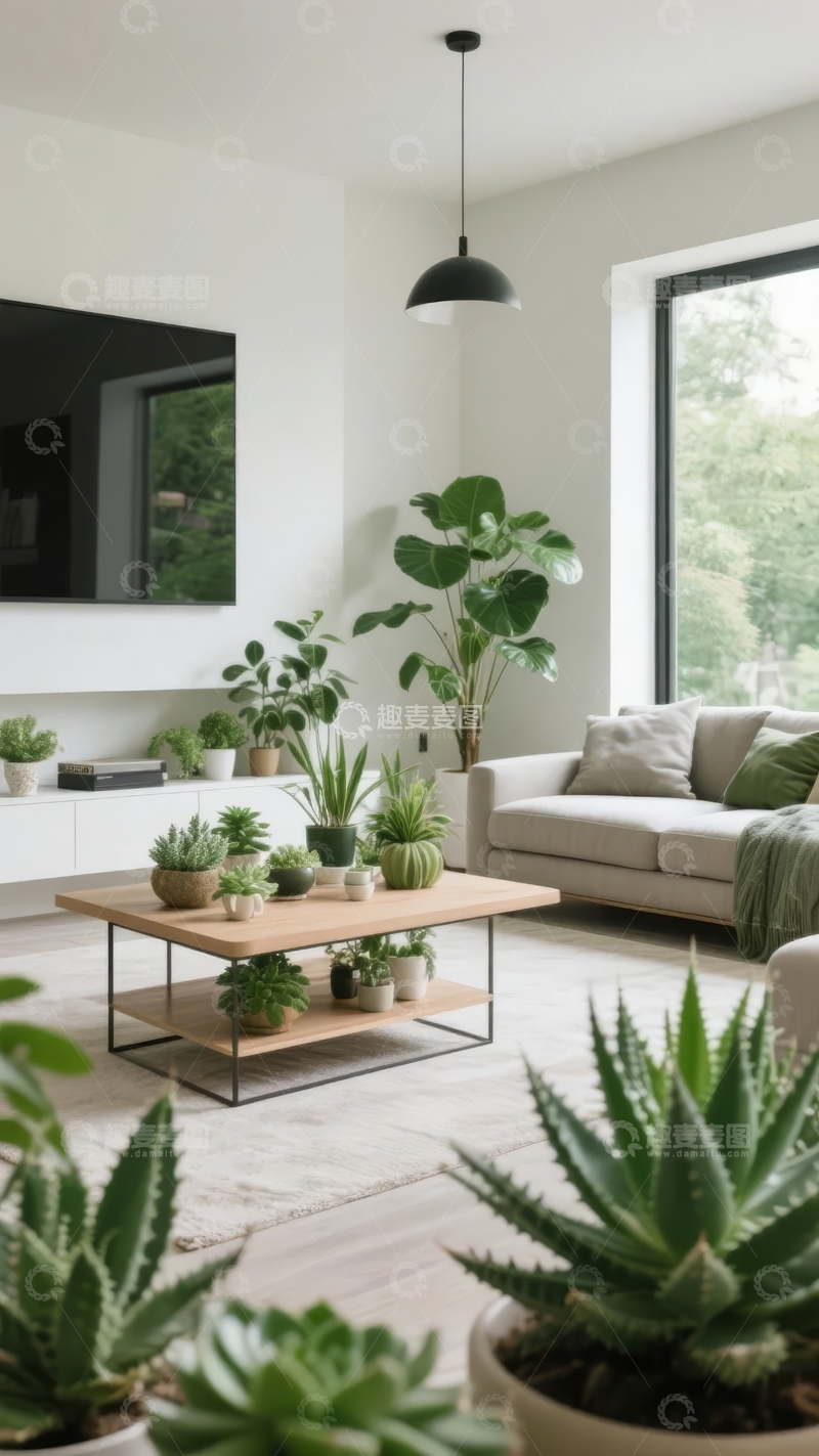 高清大图下载【趣麦麦图】现代简约客厅摆放多盆绿植营造自然舒适氛围