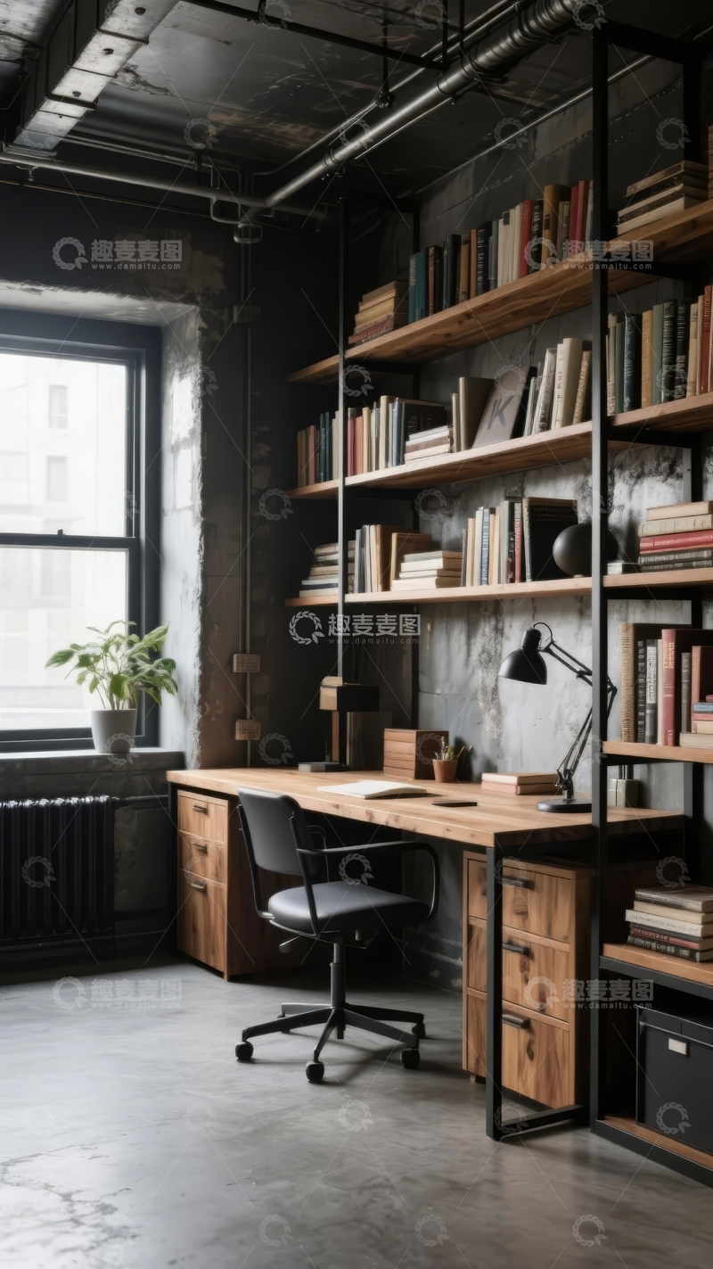 高清大图下载【趣麦麦图】工业风书房内书架林立窗户旁绿植点缀