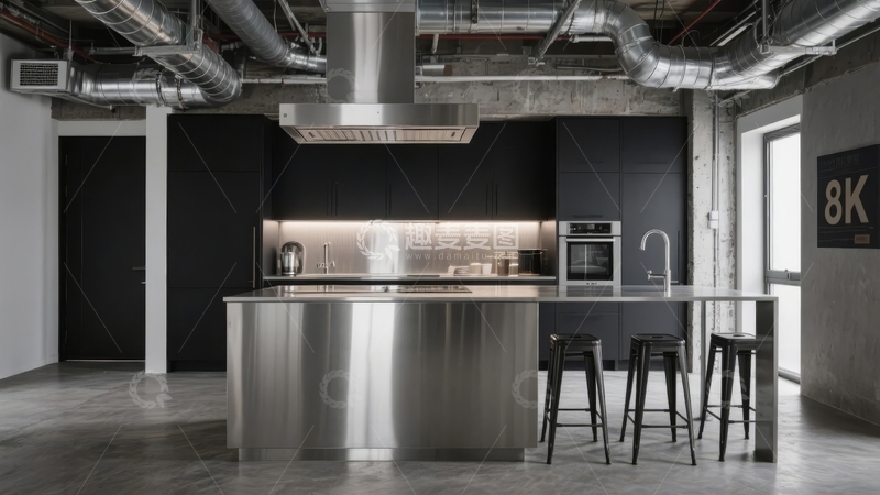 高清大图下载【趣麦麦图】现代工业风厨房设计不锈钢岛台与黑色橱柜