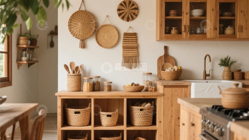 高清大图下载【趣麦麦图】温馨木质厨房角落摆放着编织篮和厨具