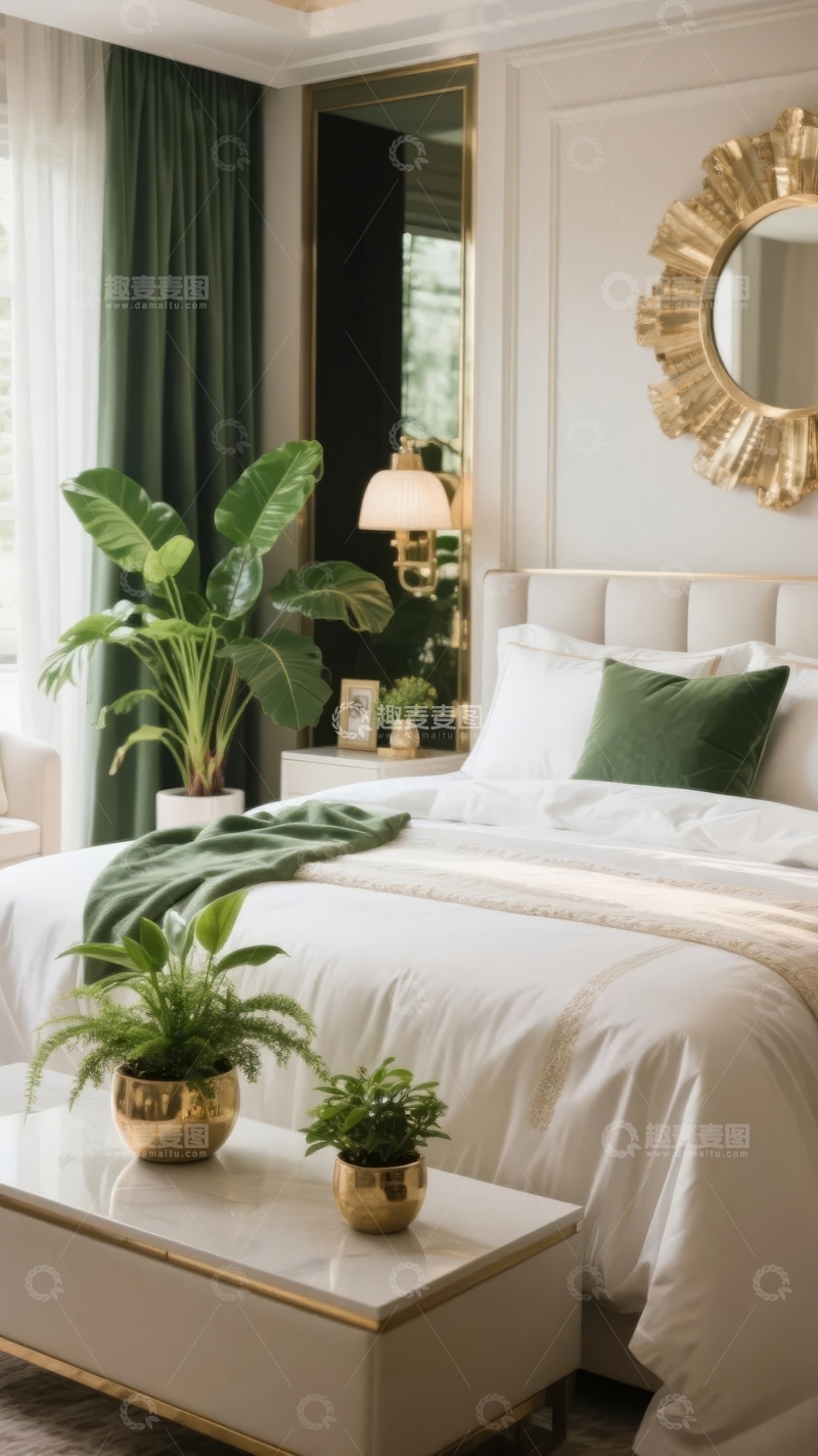 高清大图下载【趣麦麦图】现代卧室装饰以绿色植物和金色镜子为特色