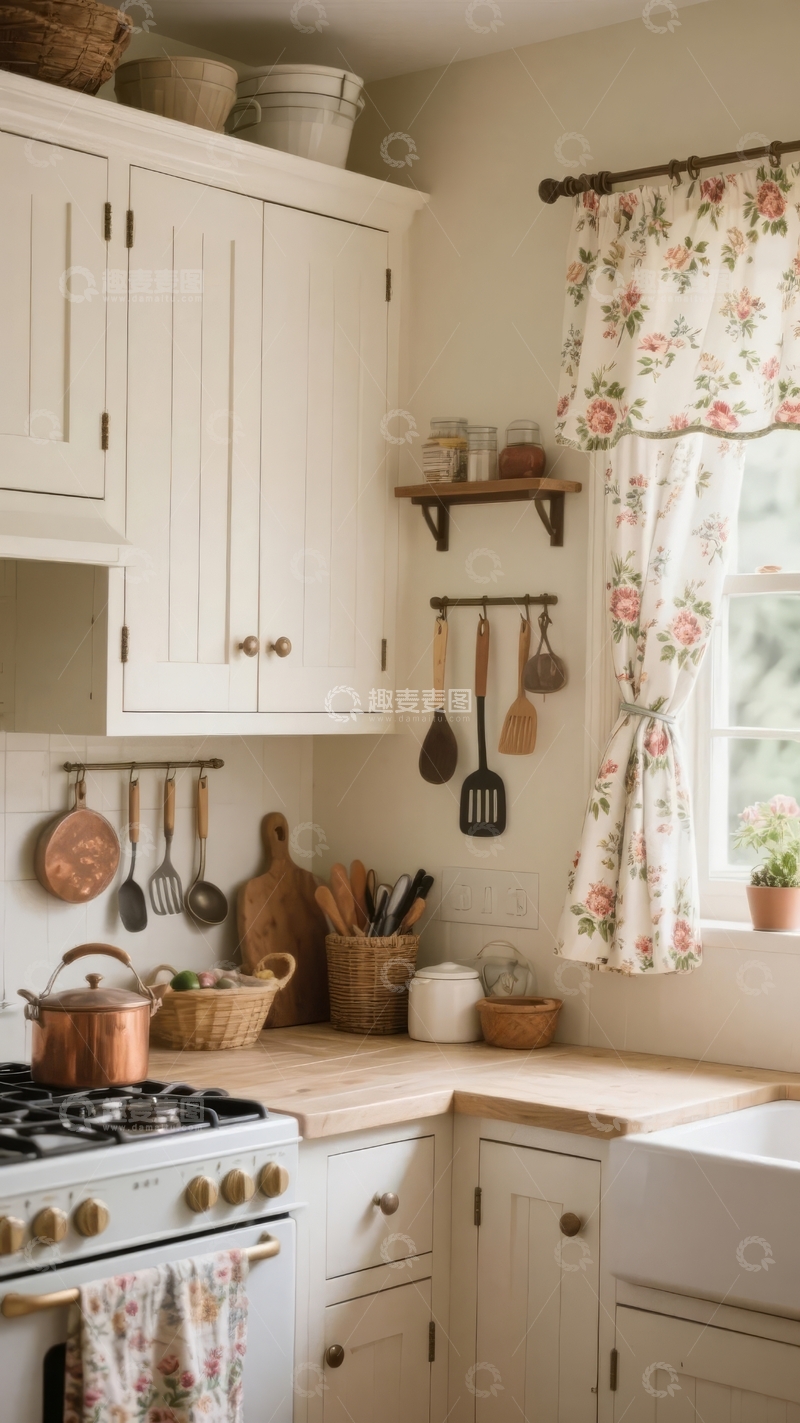 高清大图下载【趣麦麦图】温馨田园风格厨房橱柜与花卉窗帘细节