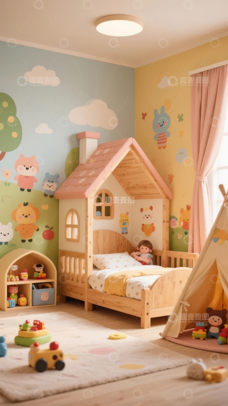 高清大图下载【趣麦麦图】儿童房内摆放着小屋造型床和玩具帐篷