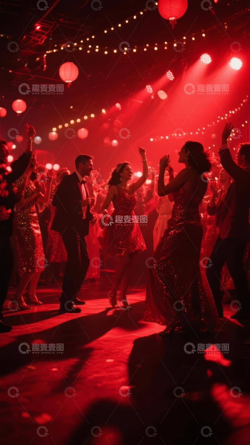高清大图下载【趣麦麦图】红色灯光下人们在派对上跳舞