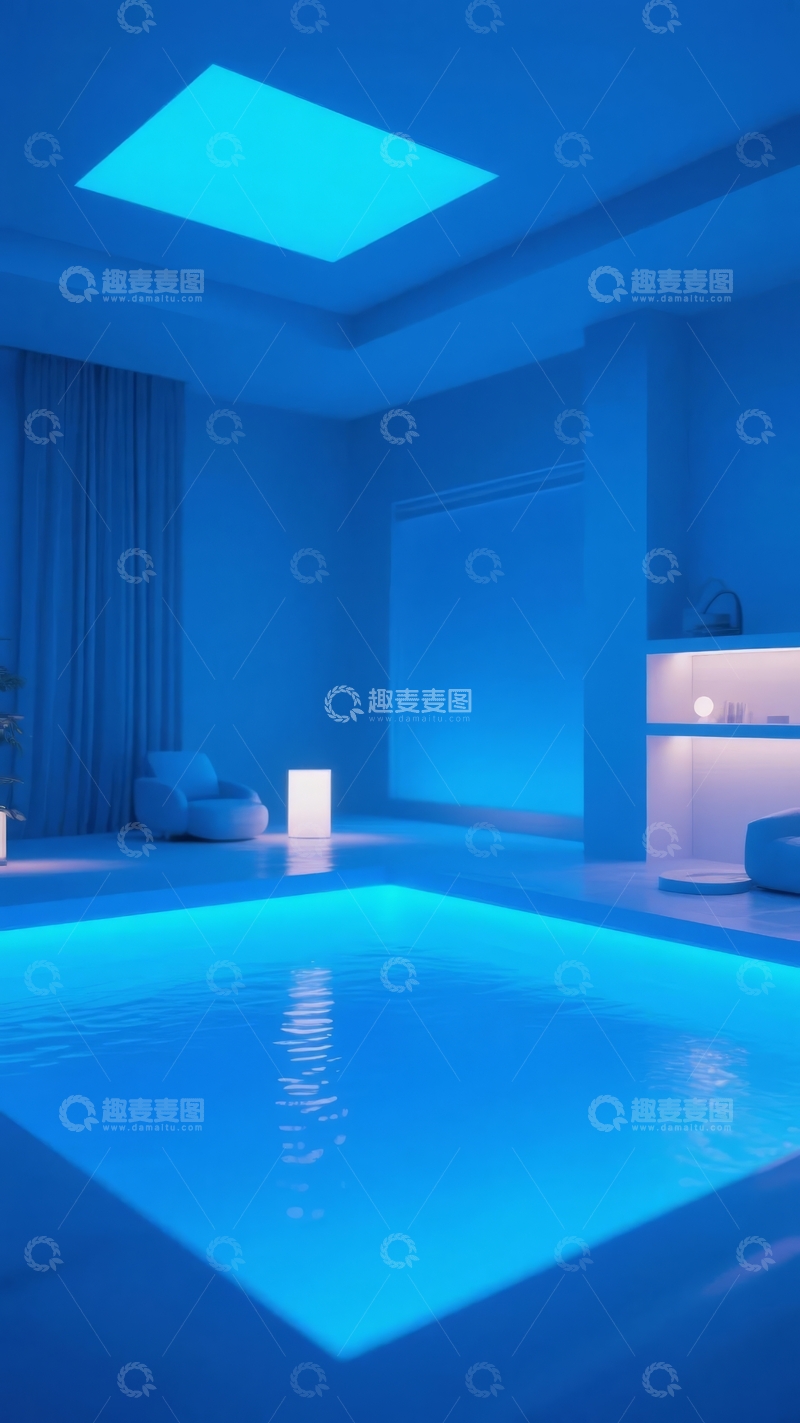 高清大图下载【趣麦麦图】蓝色灯光下的现代室内泳池空间