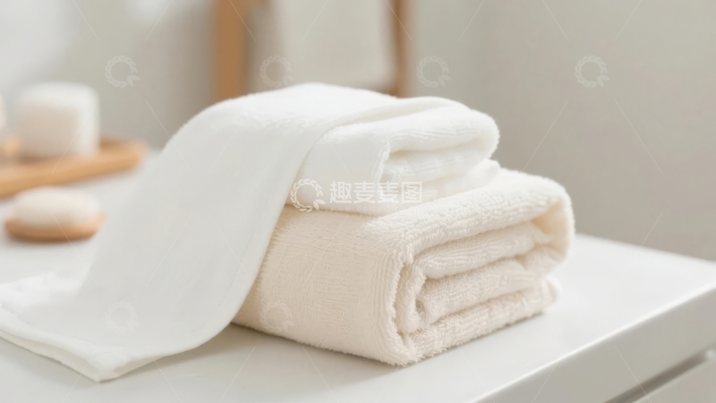 高清大图下载【趣麦麦图】白色与米色毛巾叠放在明亮台面上