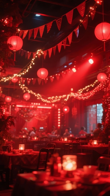 灯光璀璨的室内聚会场景挂满灯笼和彩旗