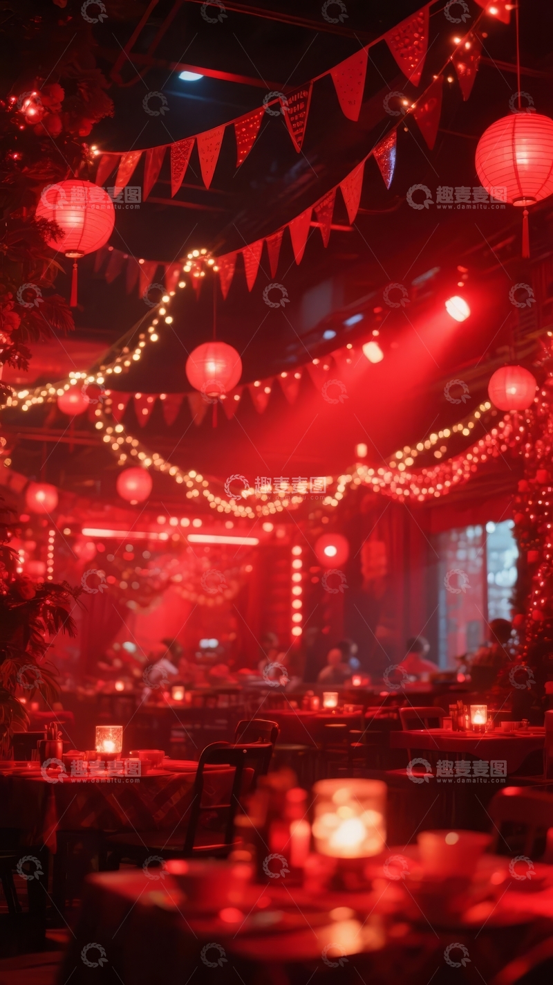 高清大图下载【趣麦麦图】灯光璀璨的室内聚会场景挂满灯笼和彩旗