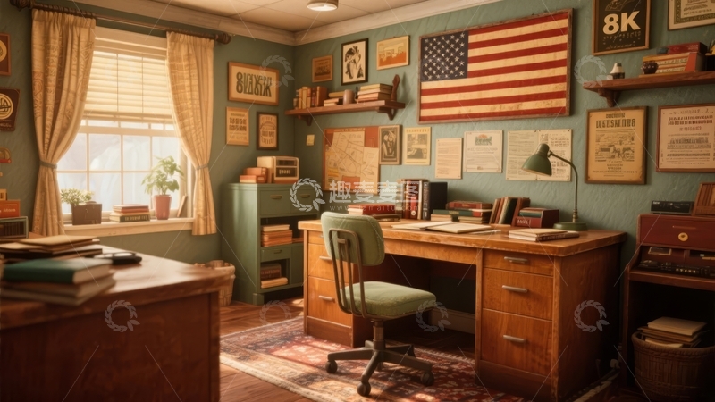 高清大图下载【趣麦麦图】复古风格办公室内景阳光透过窗户照亮书桌与装饰