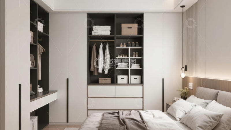 高清大图下载【趣麦麦图】现代简约风格卧室配备开放式衣柜和床铺