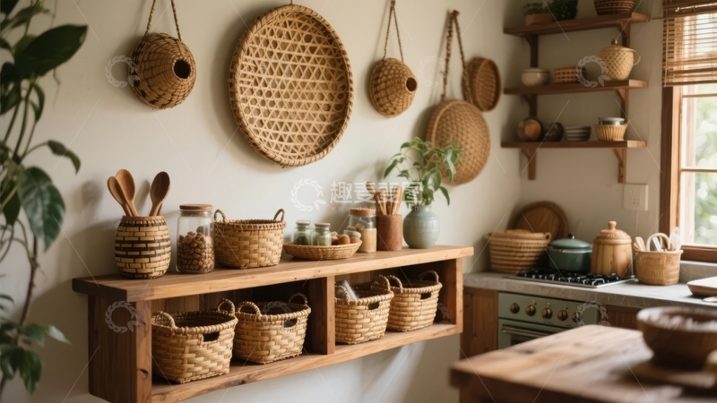 高清大图下载【趣麦麦图】温馨厨房角落展示编织篮与木质装饰品